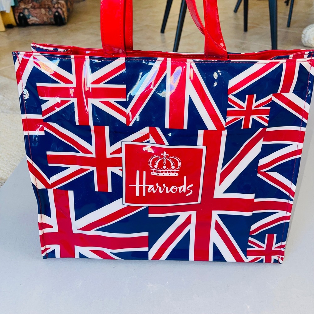 Harrods Union Jack Flag Shopper Tote Bag | Red PVC,Medium Purchsed in London UK